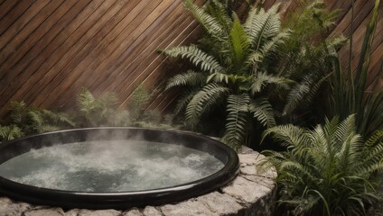 Steaming hot tub surrounded by lush green ferns and natural wood wall, creating a serene spa atmosphere.