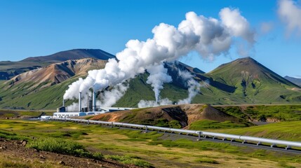 Geothermal Power Plant Surrounded by Mountains and Blue Sky in Icelandic Landscape with Steam Emissions and Greenery