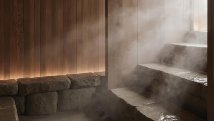 Steamy Sauna Interior with Wooden Walls and Stone Benches.