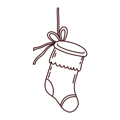 Hand drawn hanging Christmas sock outline design. Simple, cute, and festive vector element for holiday cards, tags, and seasonal design. Doodle Christmas stocking seasonal decorative element.
