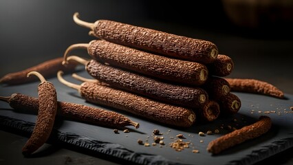 Dried long pepper sticks on wooden surface traditional spice ingredient