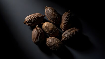 Black cardamom pods on dark background aromatic spice food photo