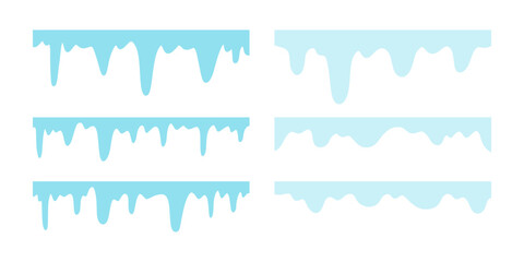 Set of melting ice and snow drip borders. Hand drawn vector elements for winter, cold, sweet, and seasonal design themes like candy and defrosting. Christmas, New Year melts drips frame set.