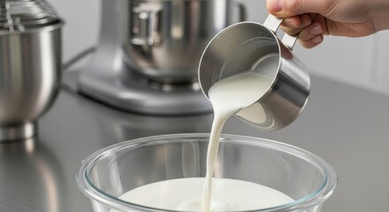 Cream pouring into a glass bowl in a kitchen setting