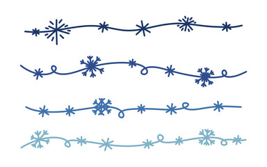 Christmas border and divider made of doodle lines decorated with snowflakes. Simple, festive, and cute vector element for winter, holiday, and Christmas, New Year design projects. Snowflakes dividers.