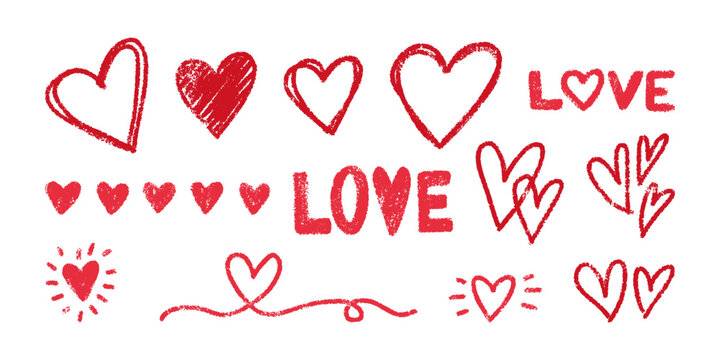 Set textured red love elements like hearts and scribbles. Hand drawn vector graphics for Valentine's Day, wedding, romantic design themes. Chalk crayon drawing hearts, love text, cute naive elements.