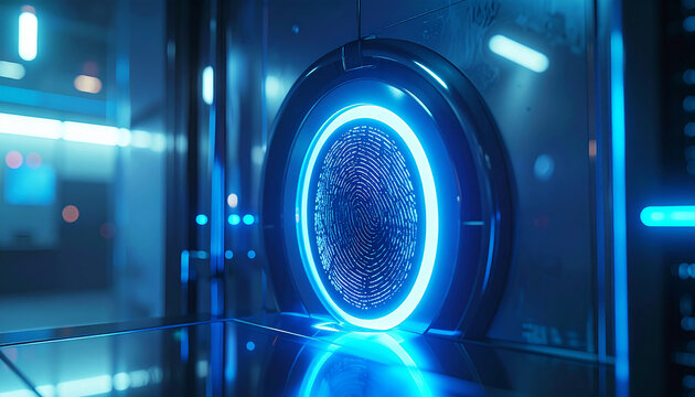 High-Tech Security: A futuristic fingerprint scanner glows with an ethereal blue light, guarding sensitive data within a secure vault. - Powered by Adobe