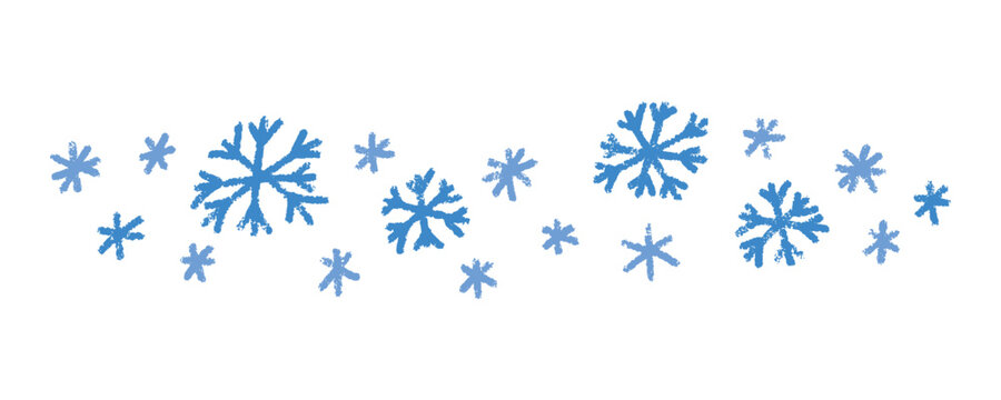 Snowflakes textured pattern. Winter, holiday, and Christmas themed vector design element for fabric, wrapping, and seasonal design. Patterned crayon chalk New Year blue snowflakes.