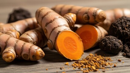Fresh turmeric roots and sliced pieces organic spice ingredient