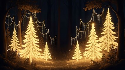 Magical glowing christmas trees in a dark forest at night