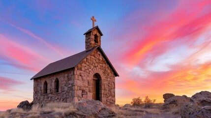 Serene Stone Chapel at Sunset with Vibrant Sky and Soft Clouds Over Natural Landscape