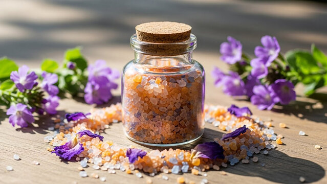 Indulge in wellness with calming bath salts infused with delicate flowers for a serene spa day at home, bringing balance and tranquility to your self care