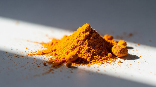 Vibrant turmeric powder, a culinary spice with rich color and aromatic flavor, perfect for healthy recipes and wellness promotions