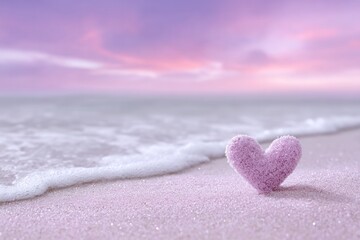 Fototapeta premium Ocean of Affection: A knitted heart rests on a serene beach, nestled close to gentle ocean waves under a dreamy sky, depicting serenity.
