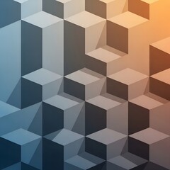 Abstract 3D isometric cube pattern with a blue to orange color gradient and geometric architectural shadows.