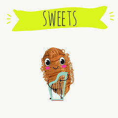 Funny Characters Turkish Traditional dessert, Kunafa, Konafa, Kanafeh, kadayif or mabroma, roll. Hand drawn vector illustration.