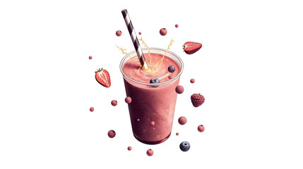 A refreshing berry smoothie in a clear plastic cup with a striped straw on a black background with berries on transparent background