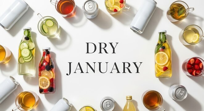 Words "Dry January", flat lay with bottles and cans, cups. Assortment of alcohol-free beverages including infused water and herbal tea arranged neatly on a white surface, minimalistic aesthetic - Powered by Adobe