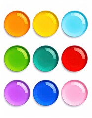 Nine round, glossy colored buttons/disks.  Bright, vibrant hues arranged in a 3x3 grid.  Smooth surfaces.  Isolated on white background