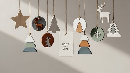 Collection of rustic christmas ornaments hanging on a light background