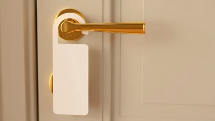 White blank door hanger on gold handle in hotel setting, ideal for messages, privacy signs, room service notices, rental properties, clean minimalist templates for customization.