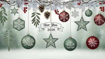 Festive christmas ornaments and decorations hanging on a snowy branch