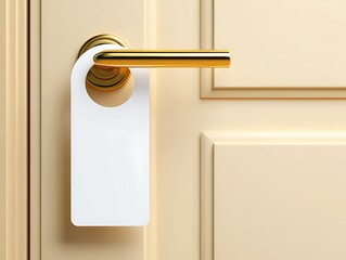 White blank door hanger on gold handle in hotel setting, ideal for messages, privacy signs, room service notices, rental properties, clean minimalist templates for customization.