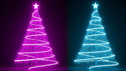 Two glowing christmas trees with purple and blue lights on a dark background