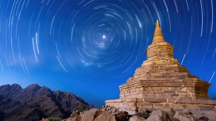 Serene Stupa Under Starry Sky with Dynamic Star Trails in Clear Blue Night Atmosphere