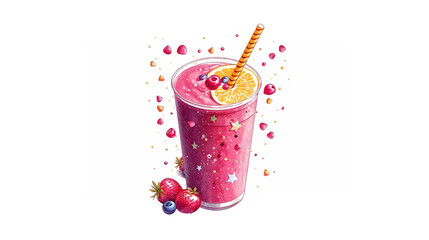 Illustration of a pink smoothie in a clear cup with fruit and a straw on a white background on transparent background