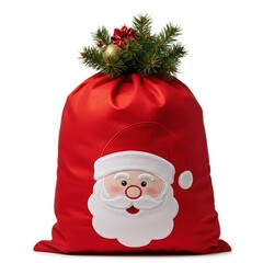 Santa's gift bag with Christmas presents, decorated with textile applique of Santa, ornaments and christmas tree branches, isolated on white background. Holiday season accessories and attributes