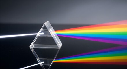 White light beam hitting a glass prism and dispersing into a vibrant rainbow spectrum on a dark reflective background.