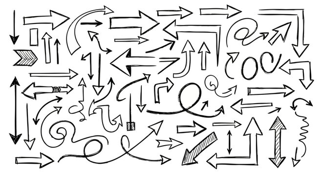 Collection of various arrow symbols and icons in black and white line art style