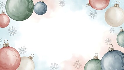 Soft pastel christmas ornaments and snowflakes border with copy space