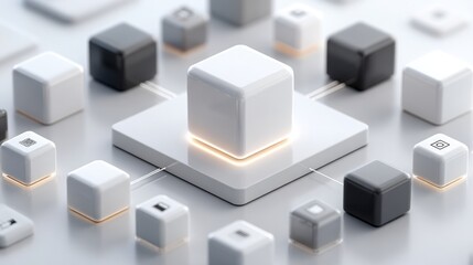 White cube surrounded by smaller cubes representing blockchain payment network in a minimalist design concept