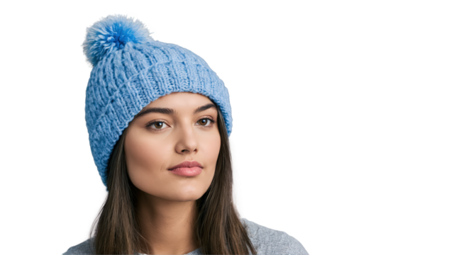 Young woman wearing a blue knitted hat with a pom-pom in a cozy indoor setting during winter - Powered by Adobe