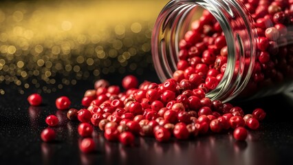 Red peppercorns spilling from glass jar gourmet spice close up image