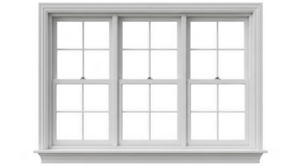White triple sash window with multiple panes and classic architectural frame isolated on transparent background png