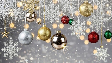 Festive christmas ornaments and snowflakes on a sparkling silver background