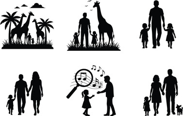 Family silhouette scenes, man with children, giraffe zoo visit, nature walk, music learning, bonding moments, black vector, educational interaction, parenting icons
