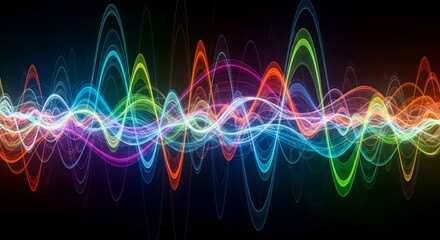 Colorful abstract sound wave background with vibrant glowing lines representing music, frequency, and energy.