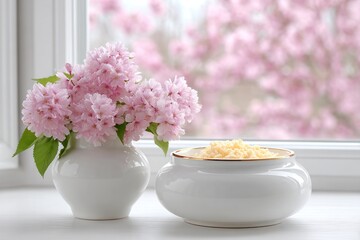 Springtime Serenity: A delicate arrangement of pink flowers in a pristine white vase, alongside a matching decorative bowl, both placed gently on a sunlit windowsill.