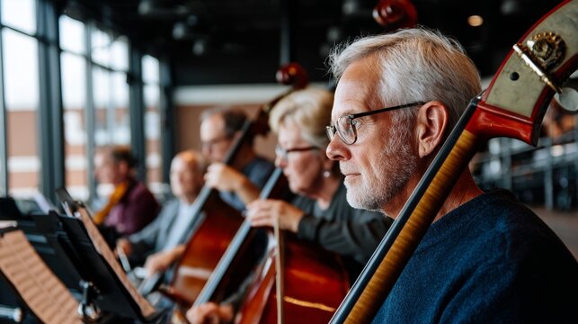 Man playing cello in orchestra.