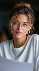 Portrait of young blonde businesswoman with glasses holding paper document in office for human resources and internship concept