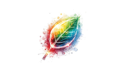 Fototapeta premium A vibrant watercolor leaf with rainbow colors on a black background in digital art style on transparent background