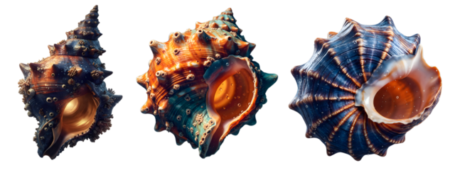 Realistic set spiral seashell with orange and teal gradient textures isolated on transparent background