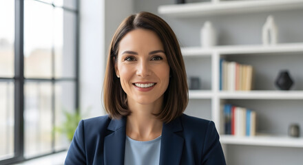 Confident Businesswoman Smiling in Modern Office Setting.