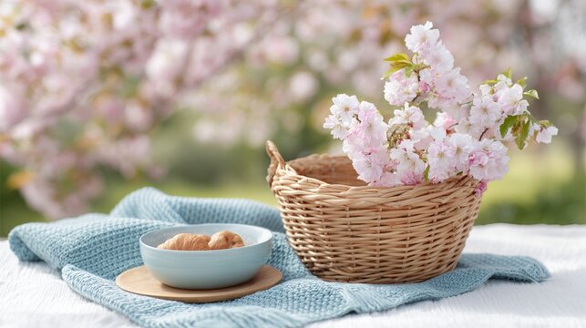 Basket of cherry blossoms on a tablecloth, springtime scene with pink flowers.