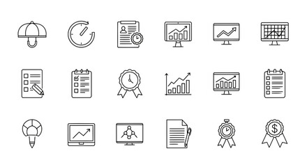 Set of icons representing business, finance, and success concepts including charts, graphs, awards, and documents