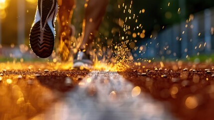 Dynamic runner splashing water on running track during sunset, capturing the essence of sports and athleticism in motion